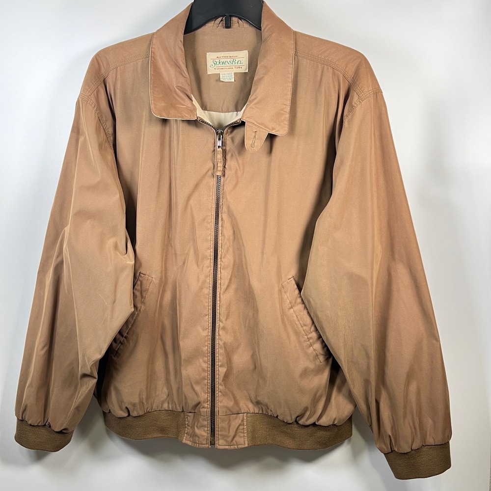 St‎ Johns Bay Vtg Mens Tan Brown Harrington Bomber Jacket Full Zip XXL 90s